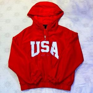 red USA Forever 21 windbreaker hoodie